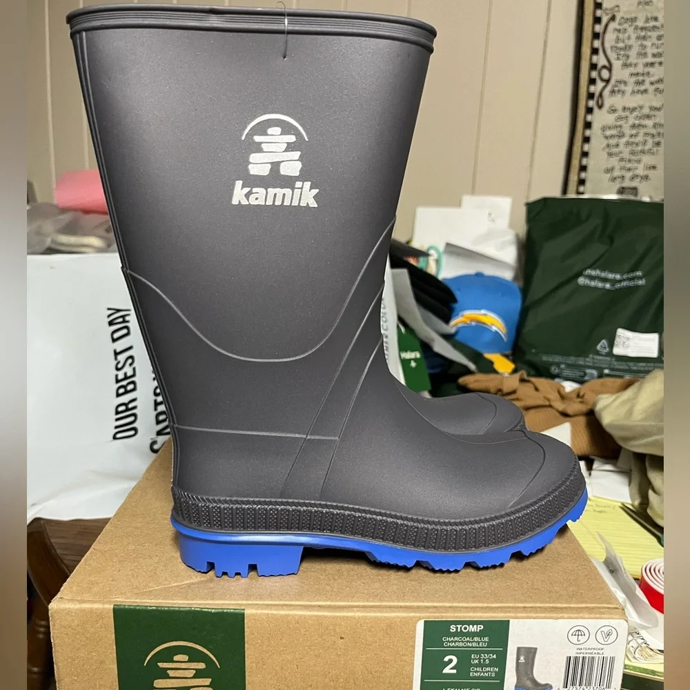 Kamik Stomp Charcoal Gray & Royal Blue Waterproof Boots Kids Size 2 NIB
